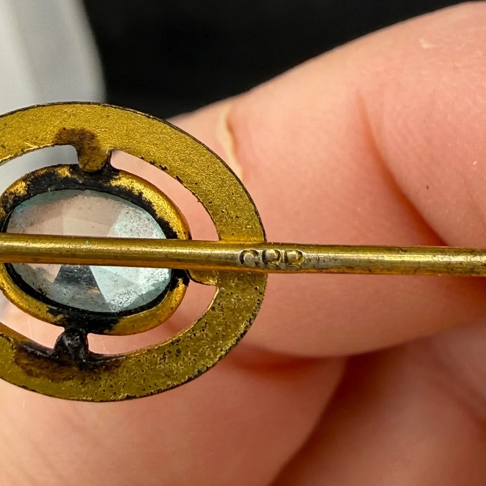 Vintage CPB Stick Pin Gold Tone Light Blue Oval Stone Hammered Circle